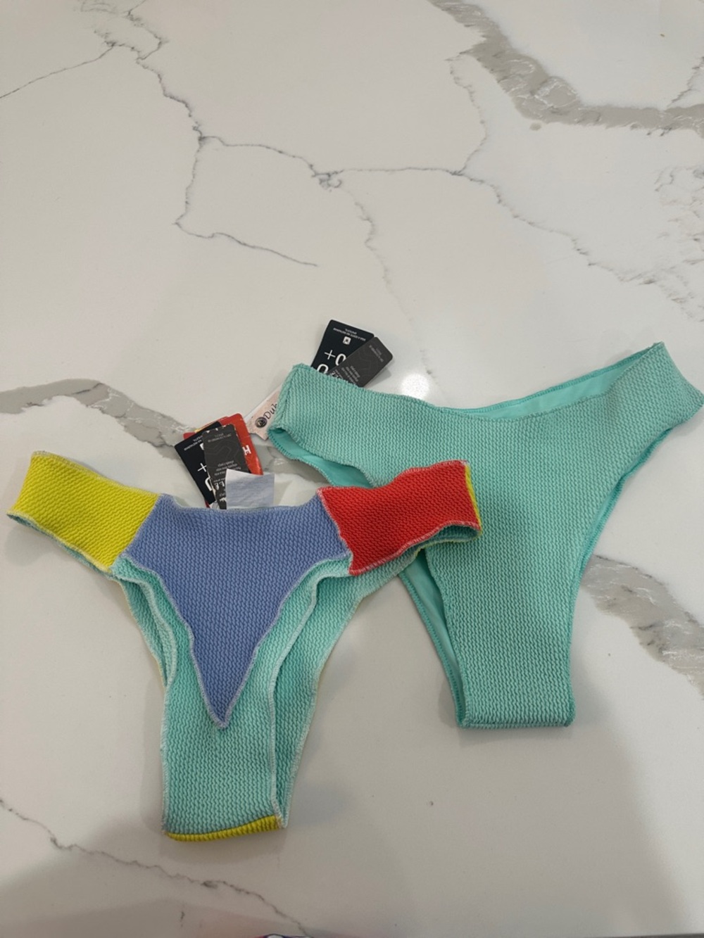 Ribbed Aqua Women’s Bikini Bottoms with Multicolor Panel Accent